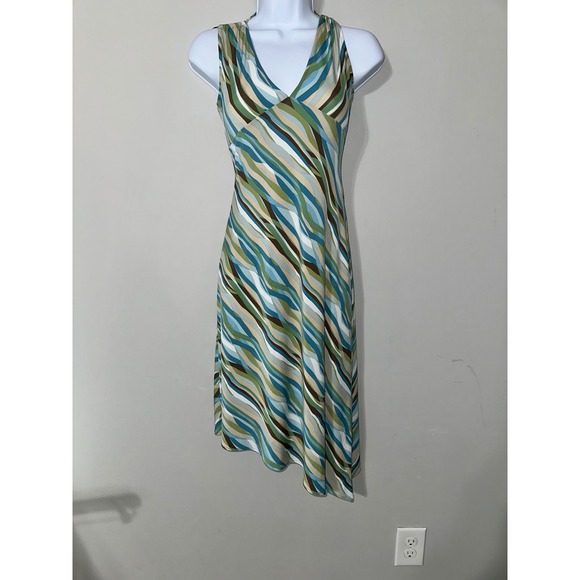 BCBGMAXAZRIA XS Dress V Neck Y2K Blue Green Brown Wave Pattern Asymmetrical - Picture 1 of 6